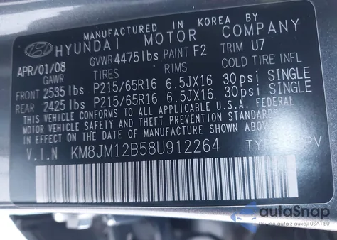 2008 Hyundai Tucson Gls z USA, uszkodzony, nr VIN KM8JM12B58U912264